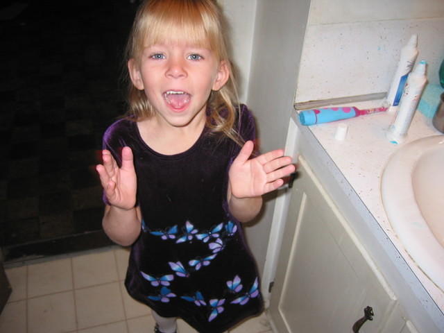 Carrie went to the bathroom to check her hair. haha.